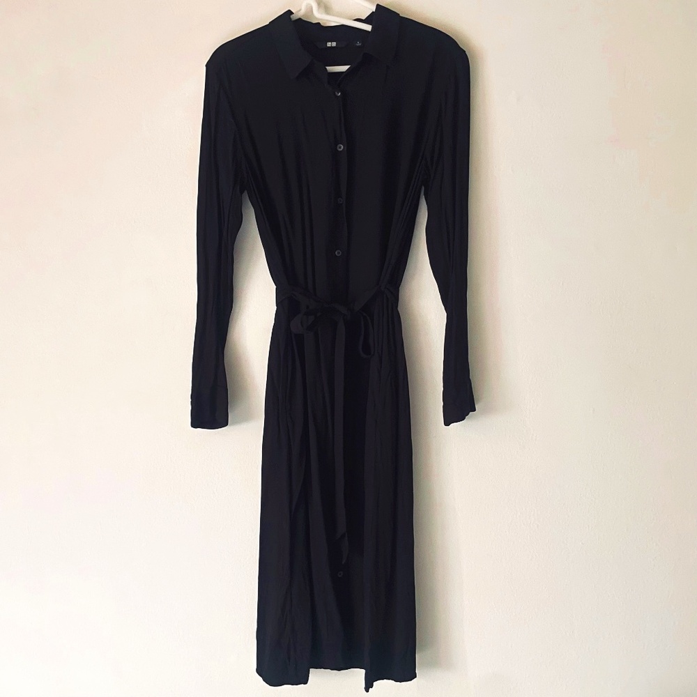 Uniqlo S Black Midi Shirt Dress